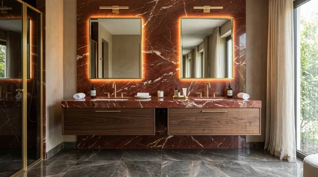 Sophisticated bathroom with red marble vanity, wood cabinets, gold framed mirrors, and LED lighting.