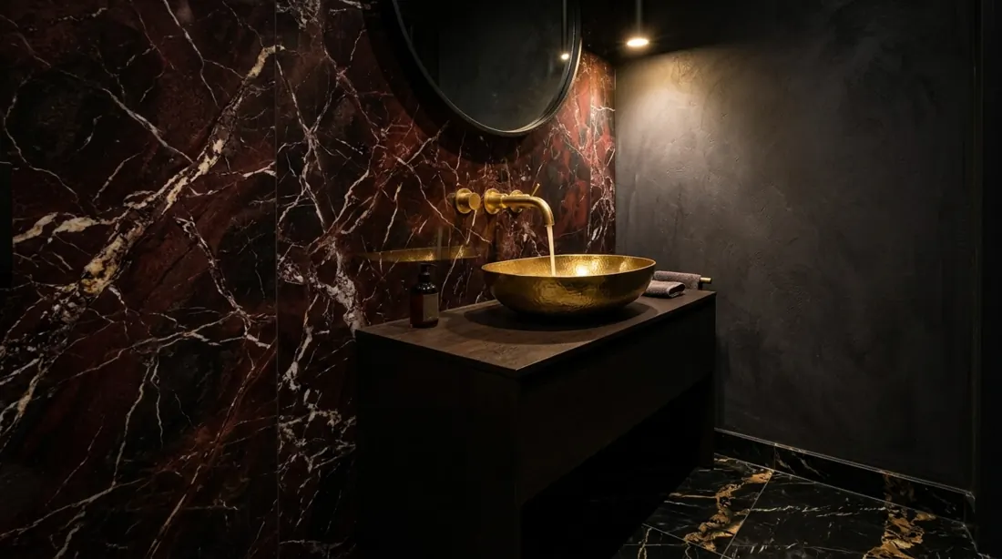Dramatic powder room with dark red marble walls, black flooring, vessel sink, and moody spotlighting.