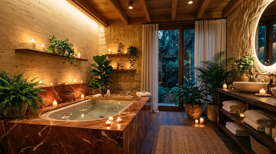 Spa-inspired bathroom with red marble tub surround, wood accents, plants, and candlelit ambiance.
