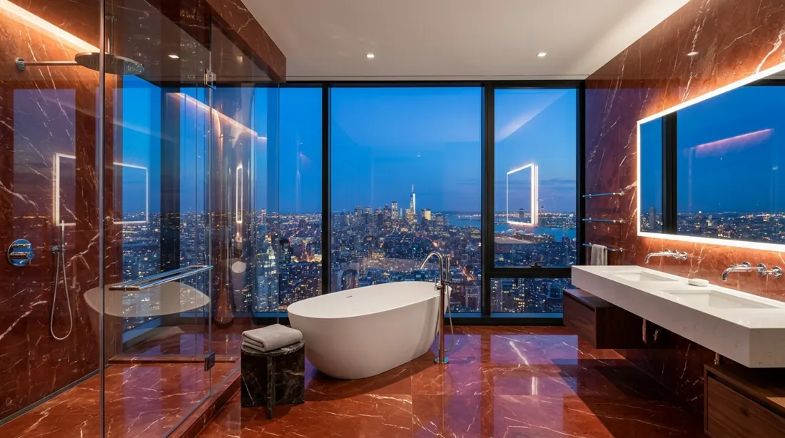 Modern penthouse bathroom with floor-to-ceiling red marble, city view, and sleek freestanding tub.