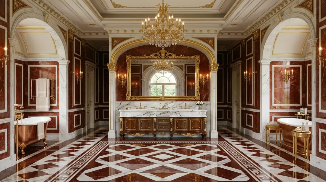 Classic luxury bathroom with red and white marble floors, chandelier, and vintage vanity.