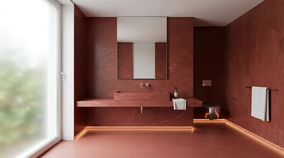 Minimalist red stone bathroom with matte panels, simple basin sink, hidden lighting, and clean lines.