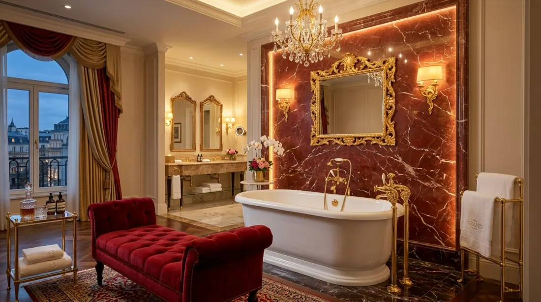 Opulent master bathroom with red marble feature wall, soaking tub, gold accents, and velvet bench.