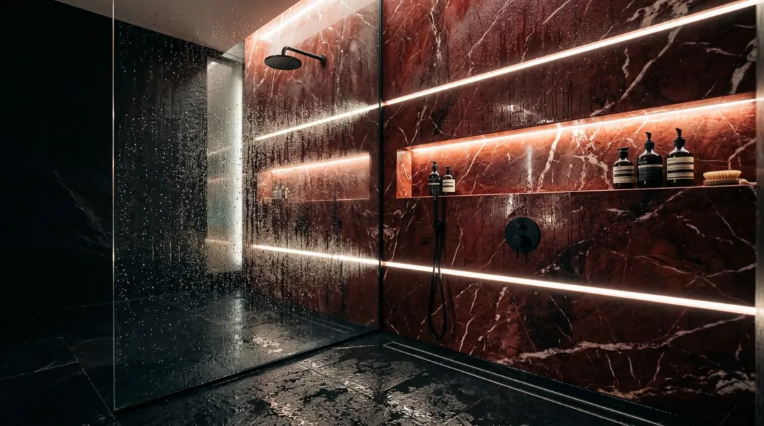 Contemporary shower room with red marble wall, black flooring, glass partition, and LED groove lighting.