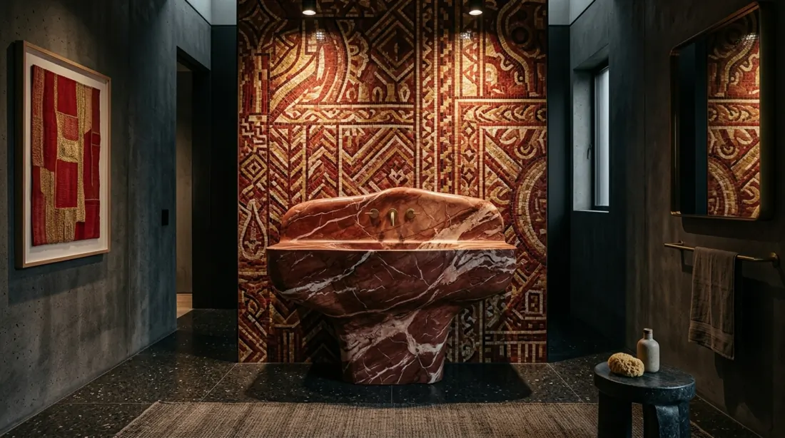 Designer bathroom with red marble mosaic walls, sculptural matching sink, and dramatic spotlight.