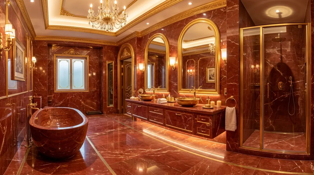 Hotel-style bathroom suite with continuous red marble surfaces, gold trim, and warm glowing lighting.
