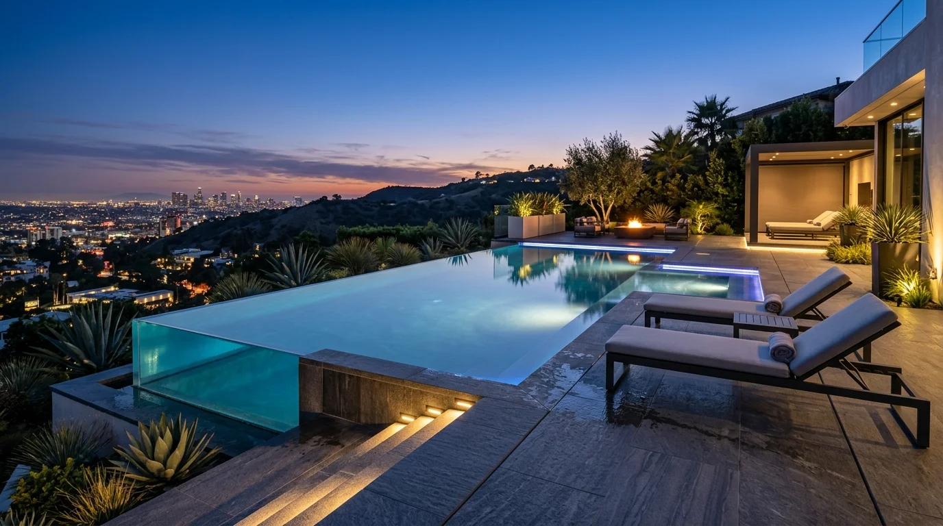Backyard pool with clear blue water, loungers, tropical planting, and a resort-style patio.