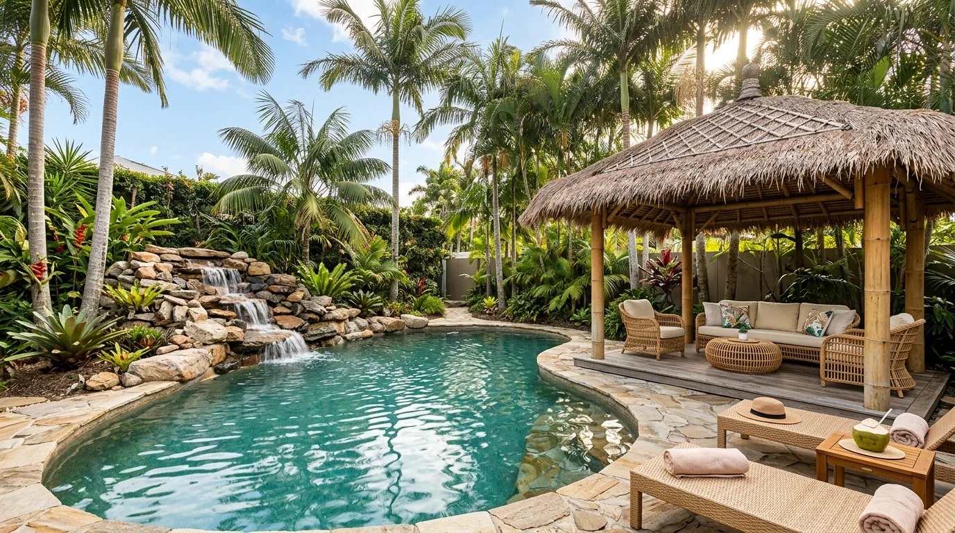 Modern backyard pool with sharp edges, pale paving, and streamlined outdoor furniture.
