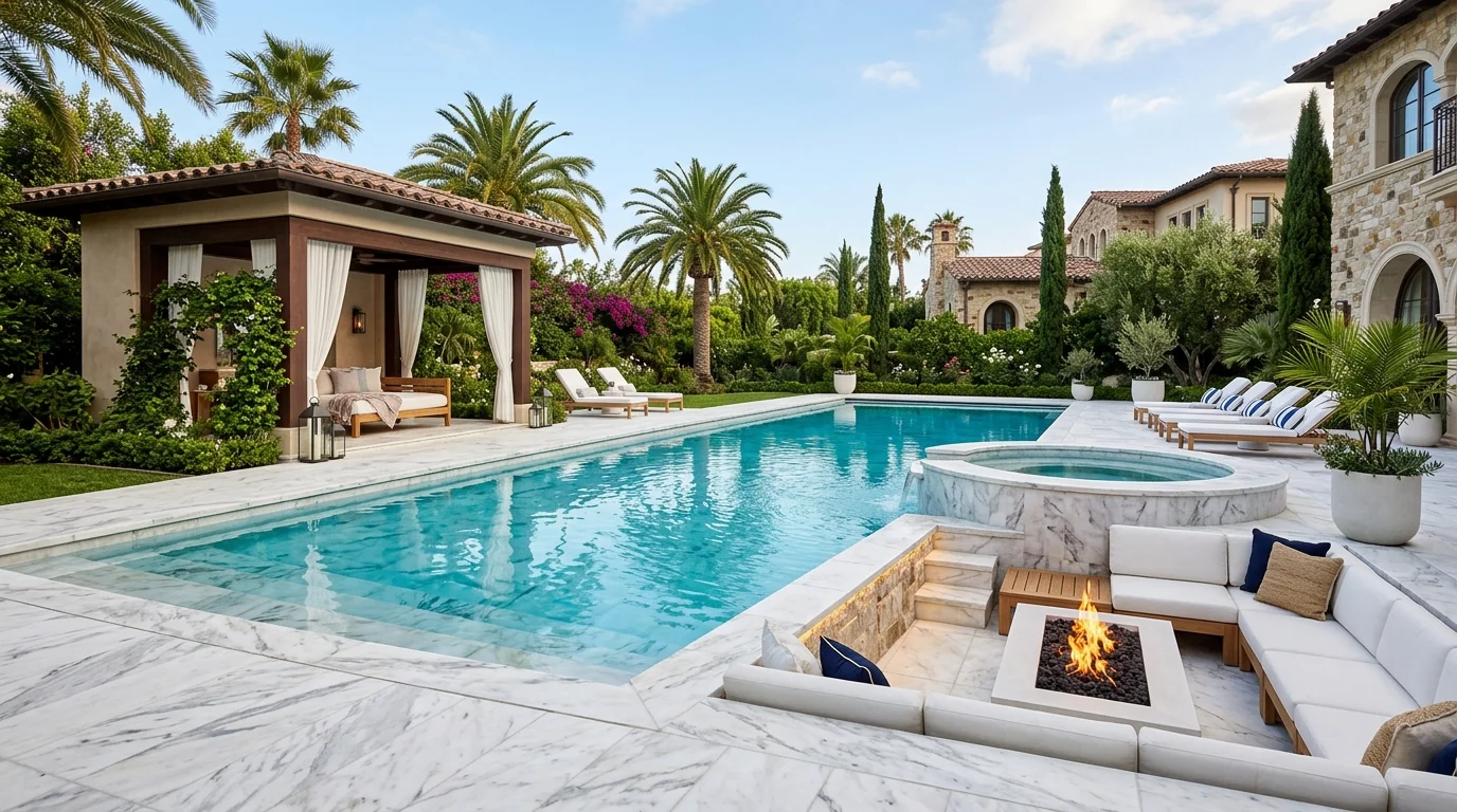 Pool surrounded by stone paving, layered greenery, and a relaxed luxury feel.