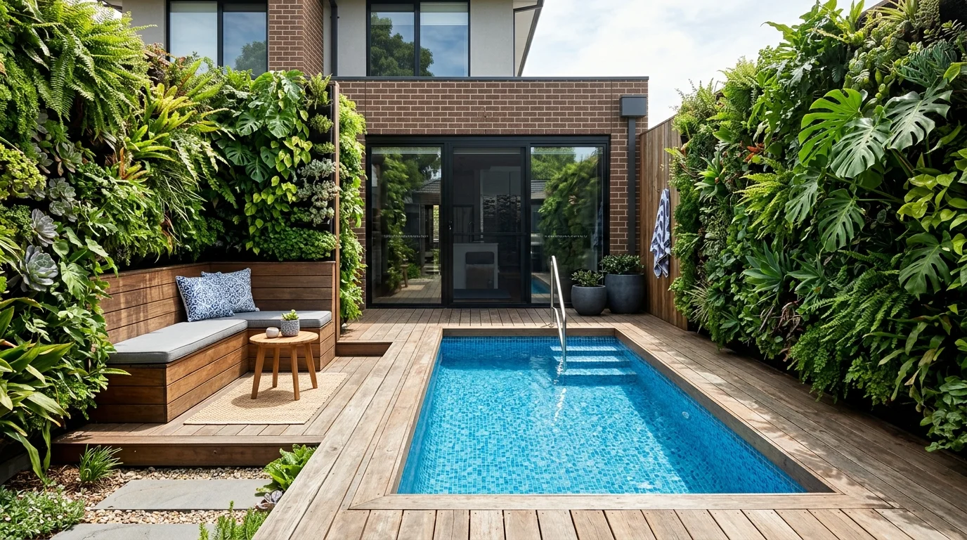 Compact backyard pool with efficient layout, privacy planting, and cozy seating.