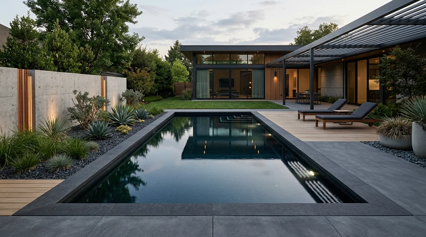 Backyard pool with waterfall wall, lush landscaping, and a tranquil spa-like mood.