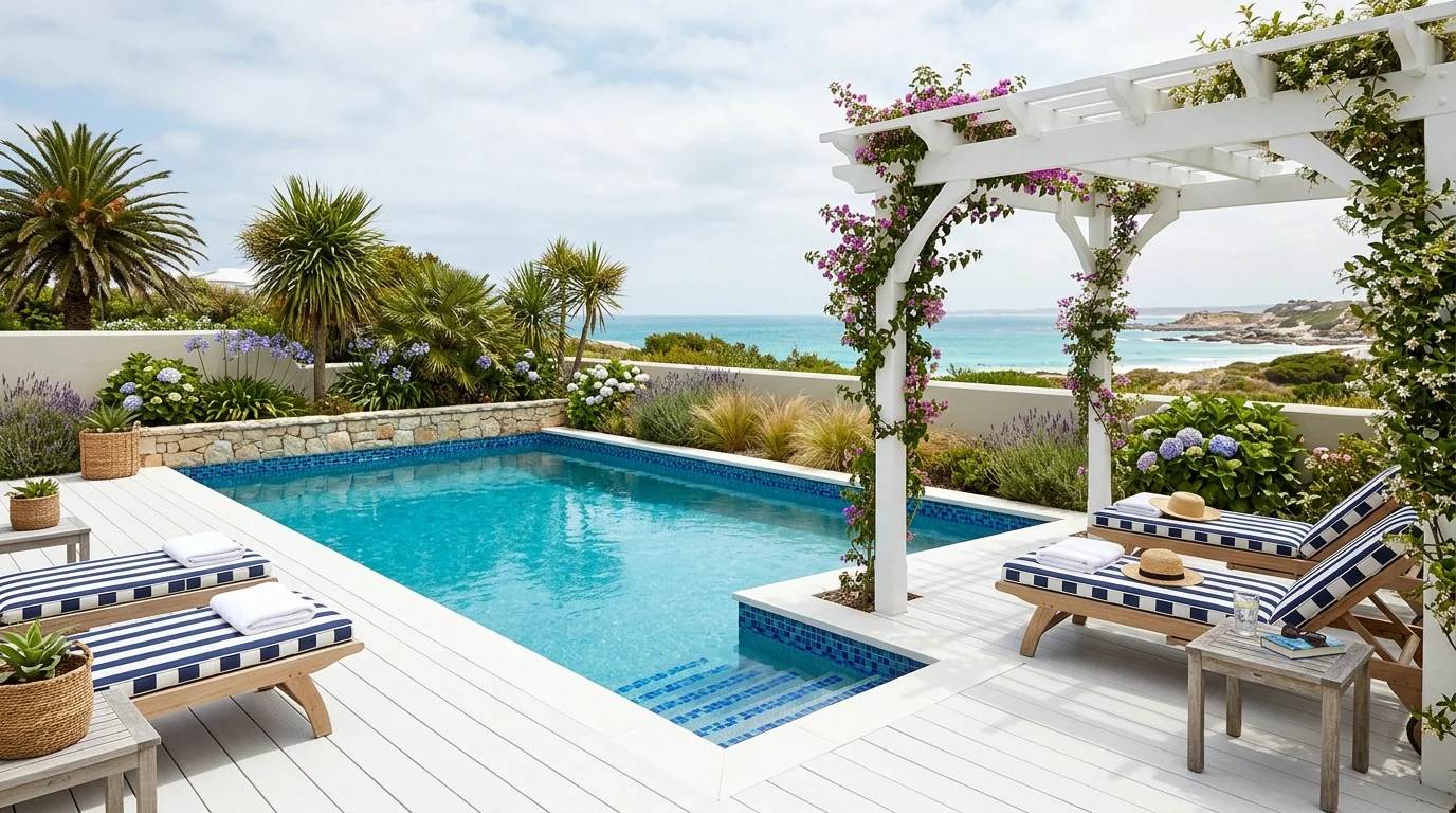 Pool with open lawn edge, safe seating area, and easy summer gathering space.