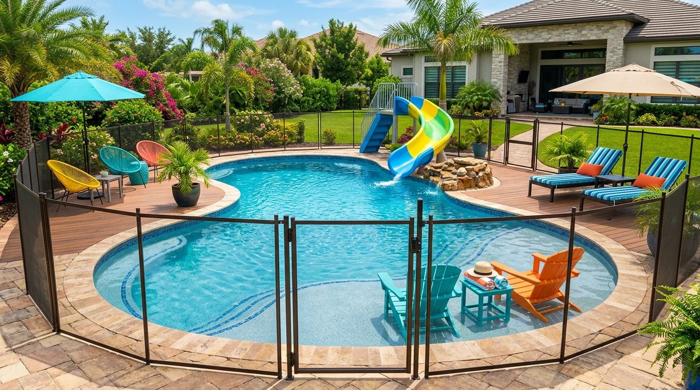 Backyard pool glowing at dusk with underwater lights and dramatic landscaping.