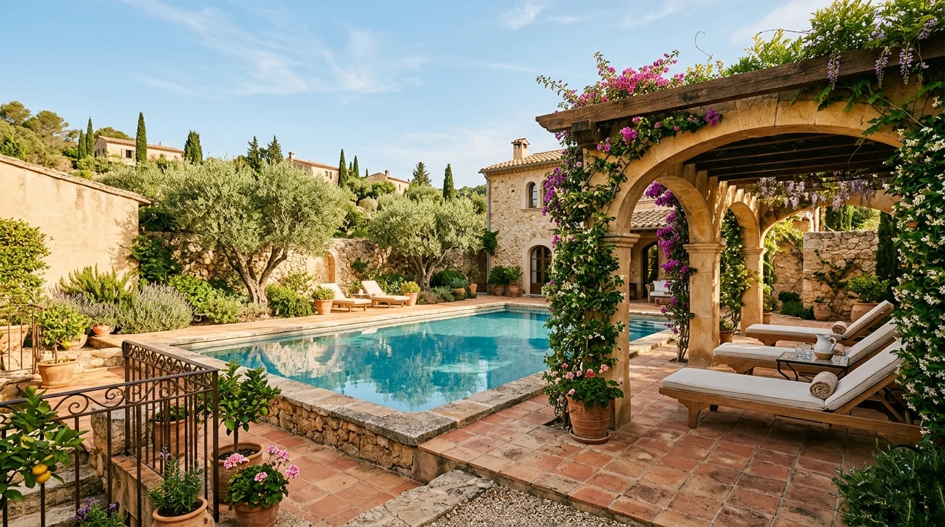 Pool area with pergola seating, soft drapery, and shaded outdoor comfort.