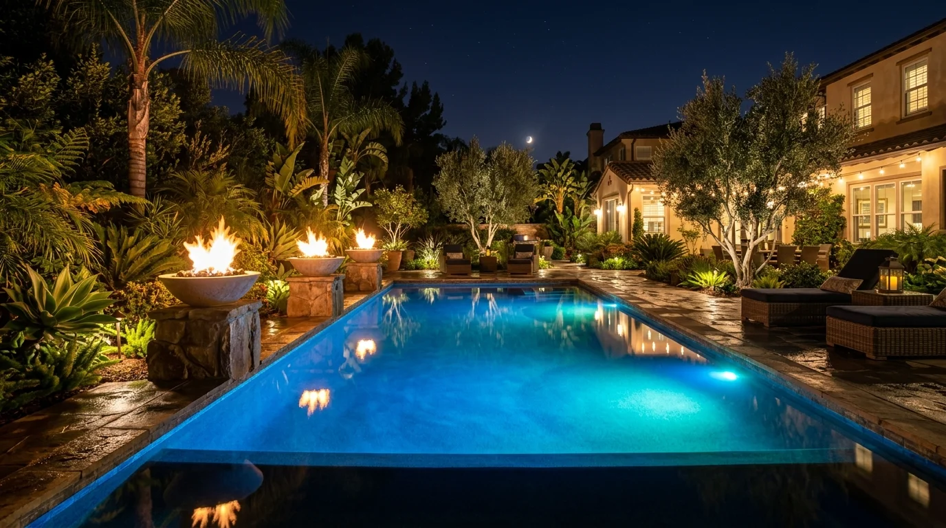 Pool with warm stone, sculptural planting, and a clean desert-inspired palette.