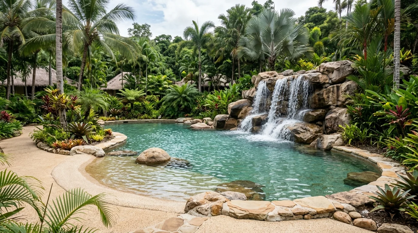 Backyard pool enclosed by palms, dense greenery, and a lush vacation atmosphere.
