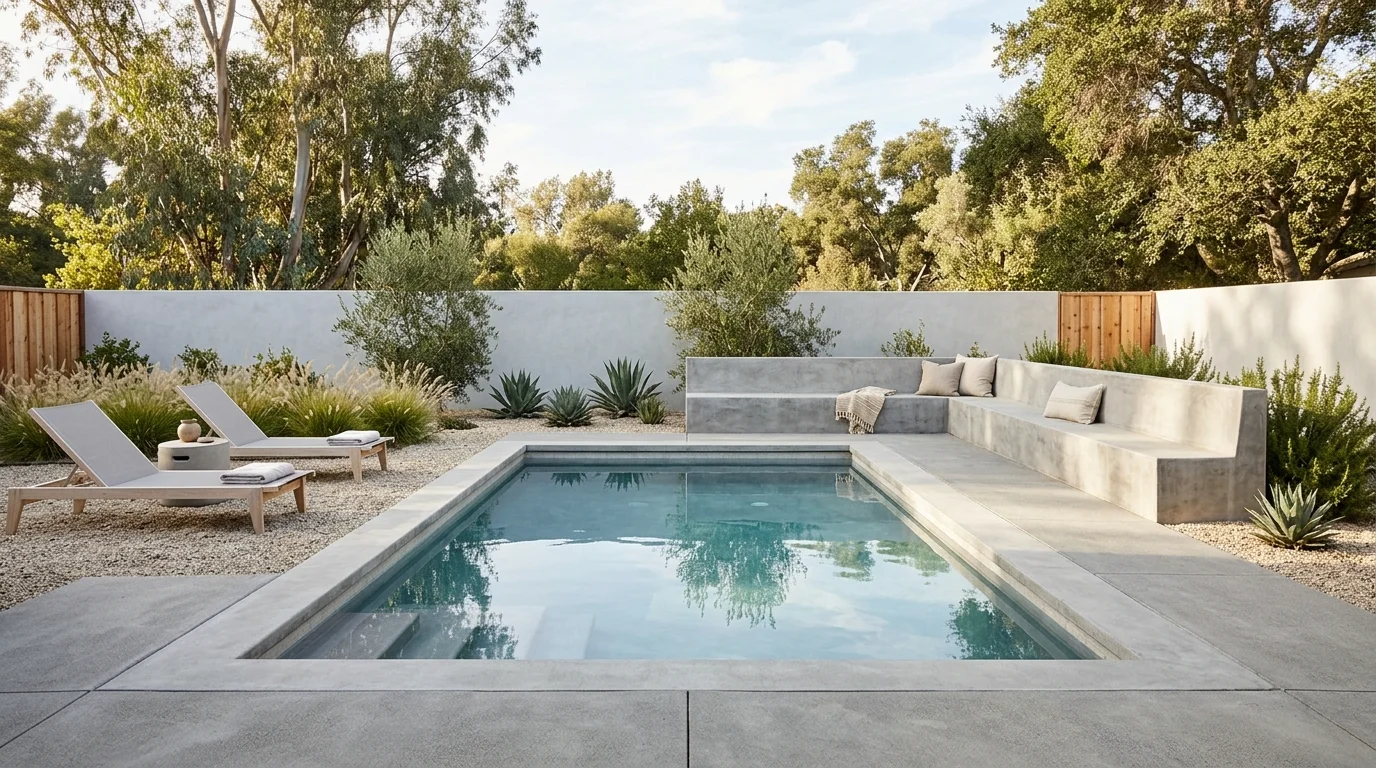 Pool patio connected to grill station, dining area, and entertaining layout.