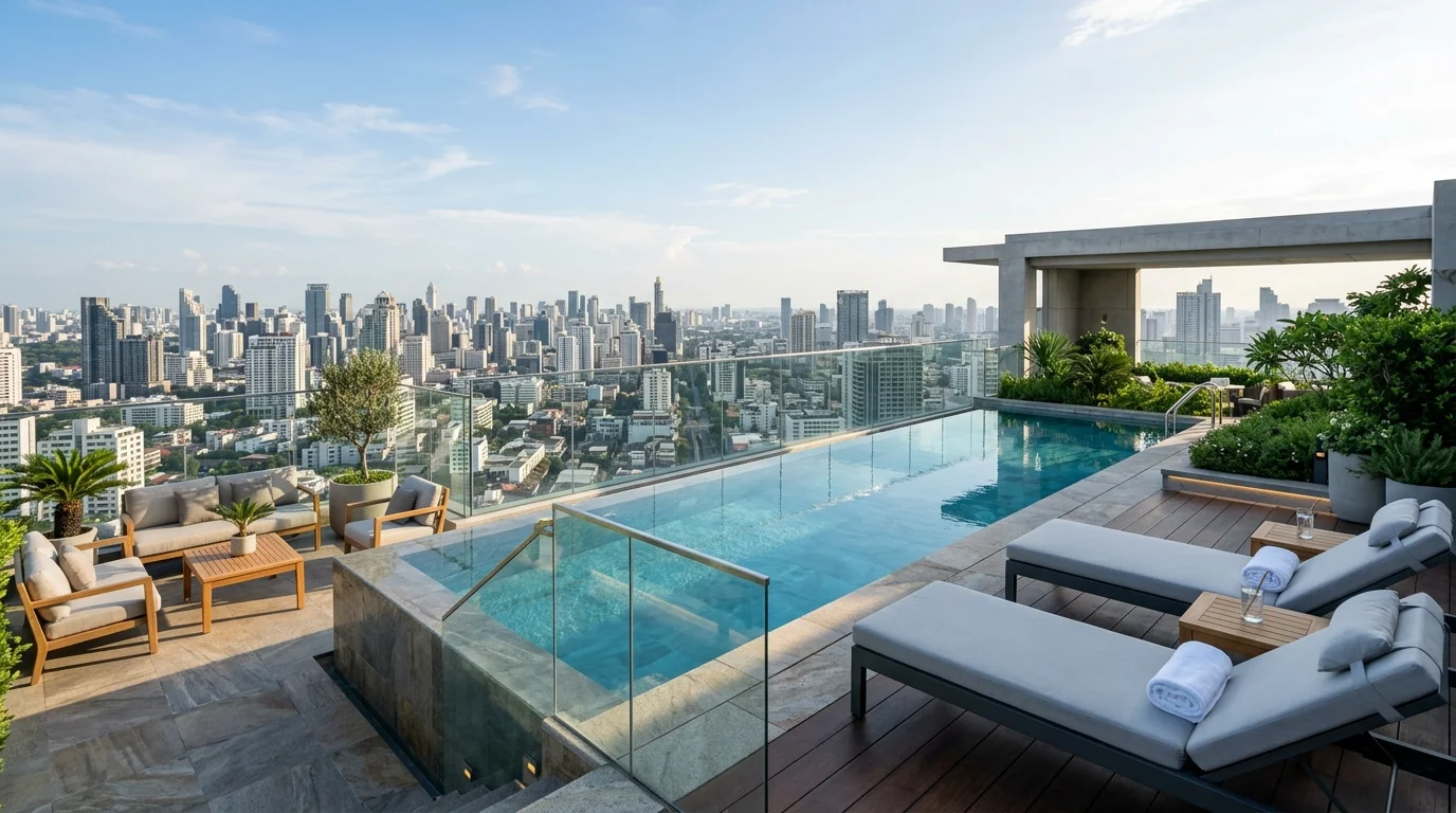 Private courtyard pool with surrounding walls, elegant paving, and intimate luxury.