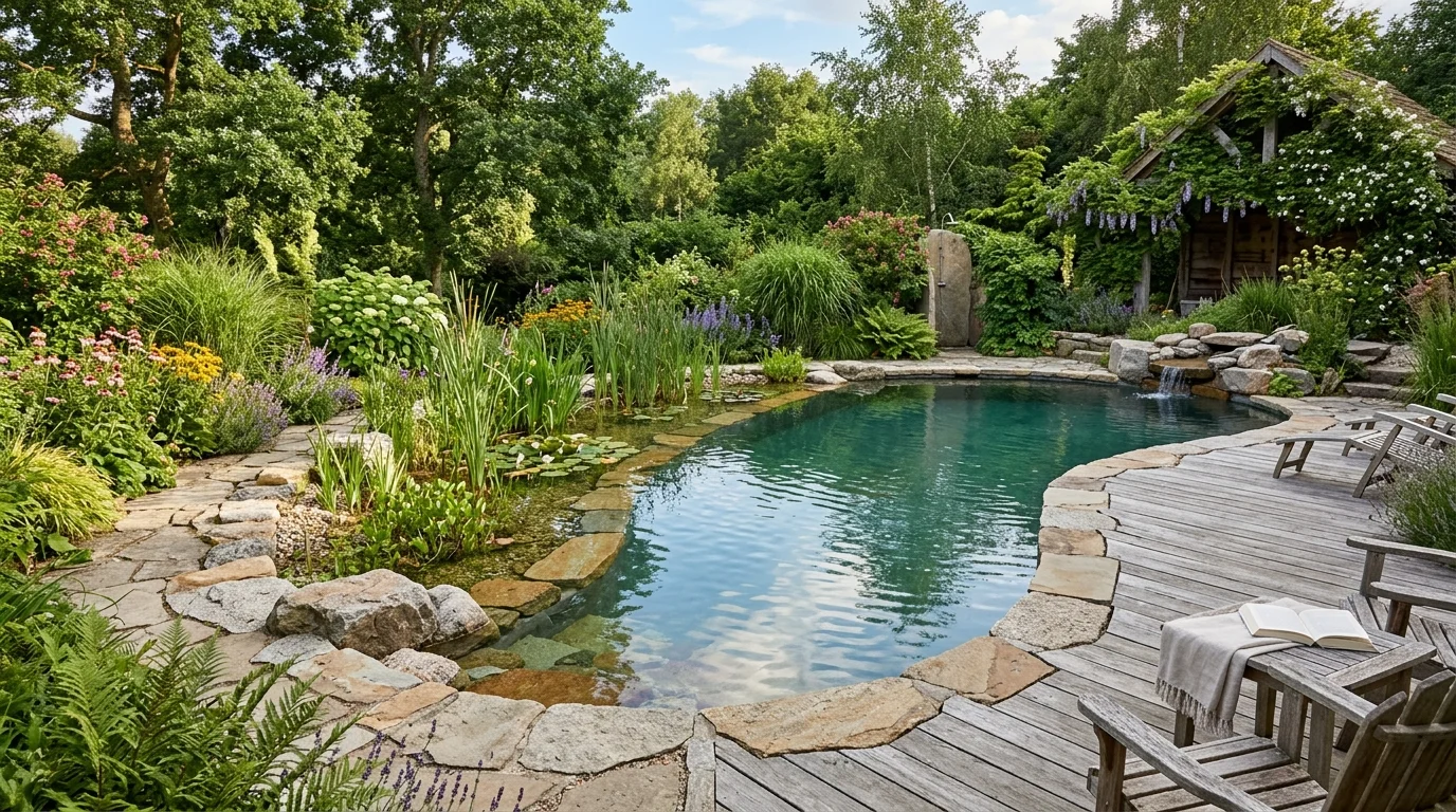 Traditional pool with blue tile accents, manicured hedges, and timeless charm.