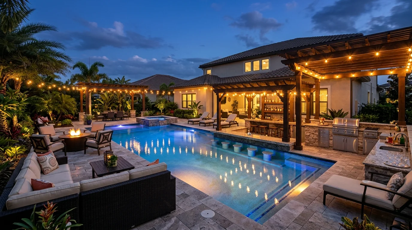 Backyard pool with nearby fire feature, lounge seating, and dramatic evening ambiance.