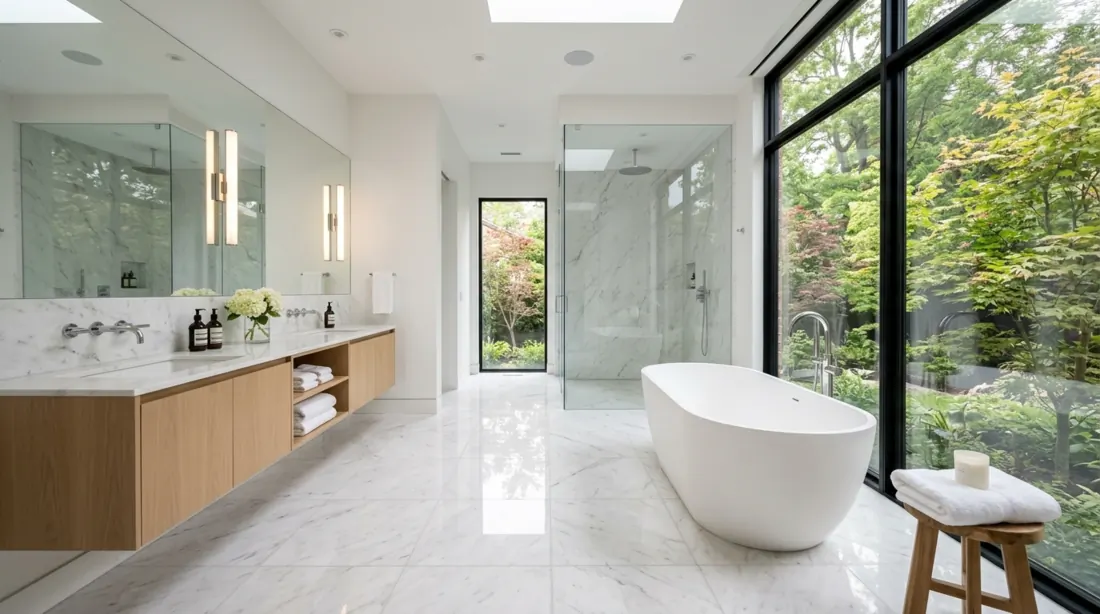 Luxury bathroom with large-format white marble floor tiles, freestanding tub, and bright natural light.