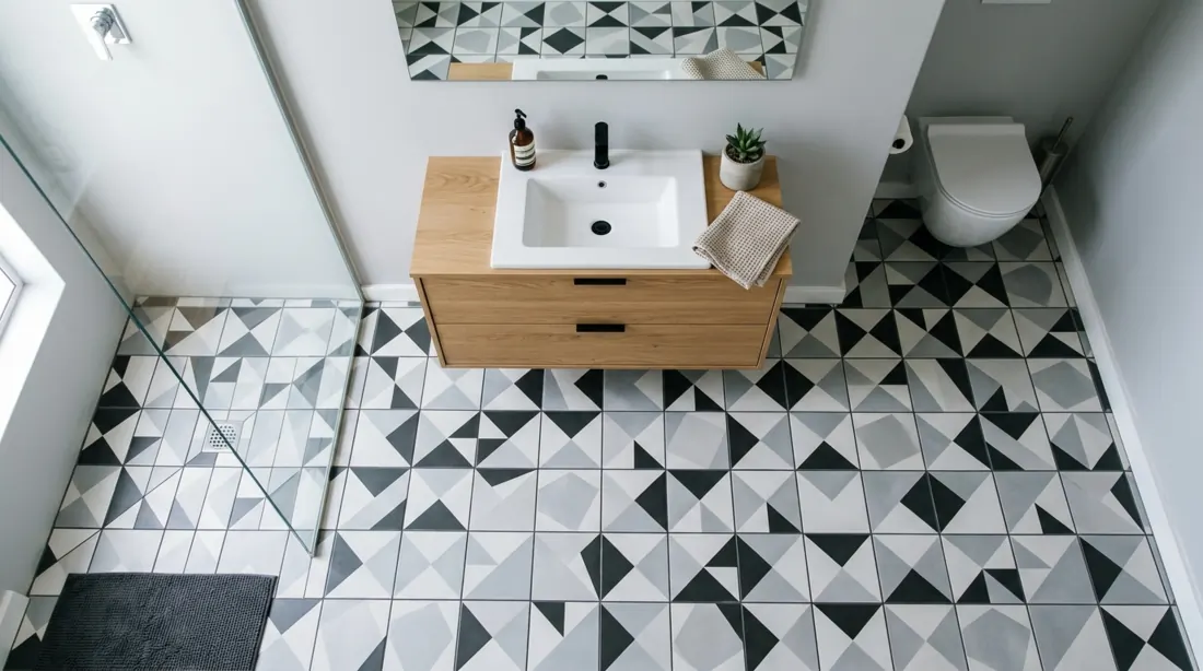 Contemporary bathroom floor with geometric black, white, and gray ceramic tiles and floating vanity.