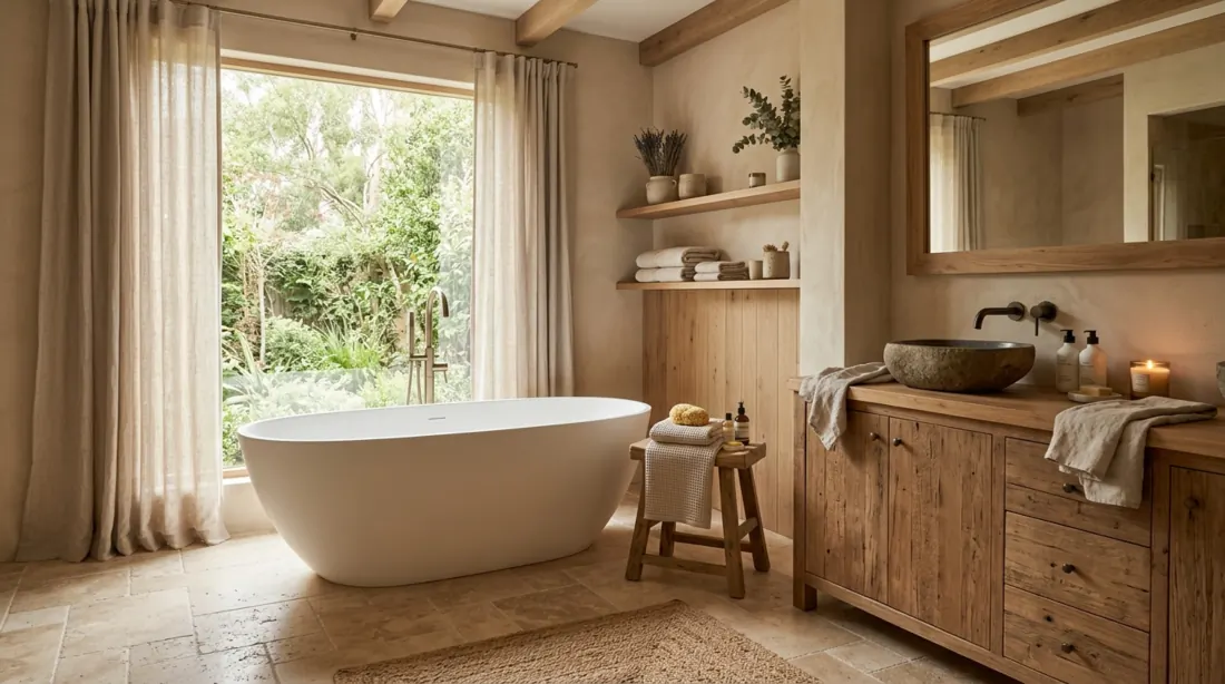 Elegant spa bathroom with beige travertine floor tiles, wood accents, and soft diffused sunlight.