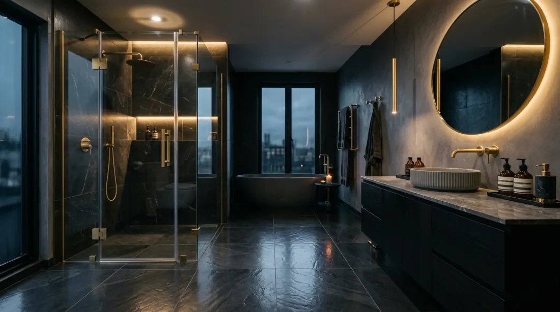 High-end bathroom with dark slate floor tile, gold fixtures, glass shower, and dramatic lighting.