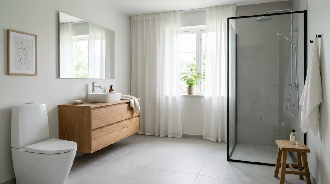 Scandinavian bathroom with light gray porcelain floor tile, oak vanity, and soft natural light.