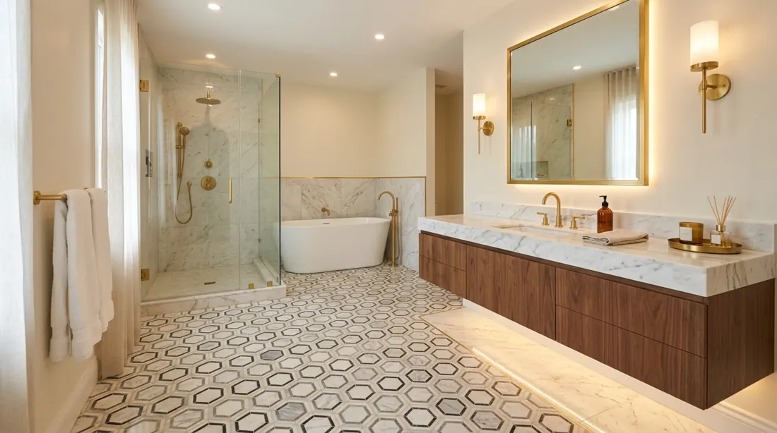 Luxury bathroom with hexagon marble mosaic floor tiles, floating vanity, gold hardware, and ambient light.