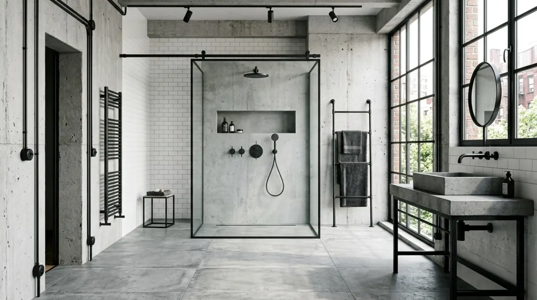 Industrial bathroom with concrete-look floor tiles, black fixtures, glass shower, and large window.