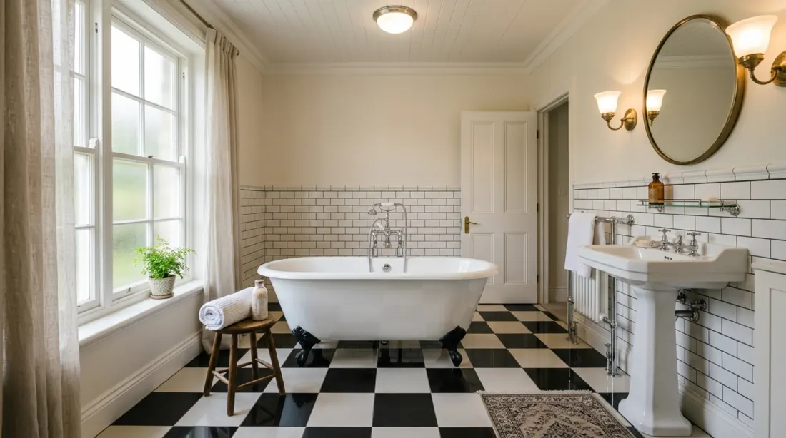 Classic bathroom with checkerboard black and white floor tiles, freestanding tub, and warm lighting.