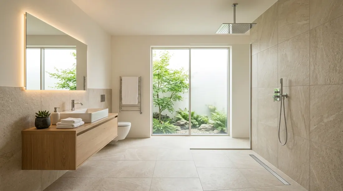 Modern spa bathroom with soft sand stone-look tile extending into the shower and peaceful natural light.