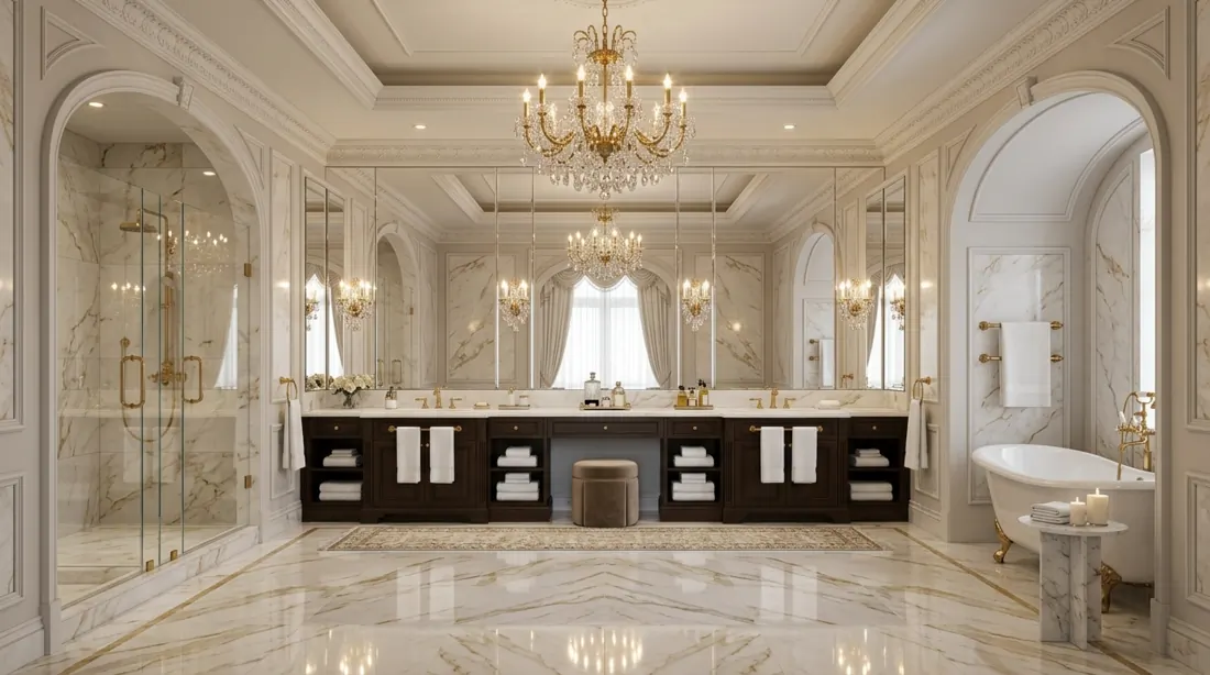 Luxurious bathroom with white and gold marble floor tile, chandelier lighting, and symmetrical double vanity.
