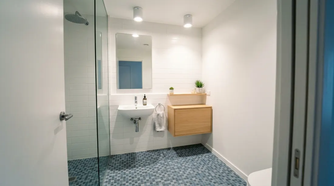 Compact bathroom with blue-gray mosaic floor tile, wall-mounted sink, and bright space-saving lighting.