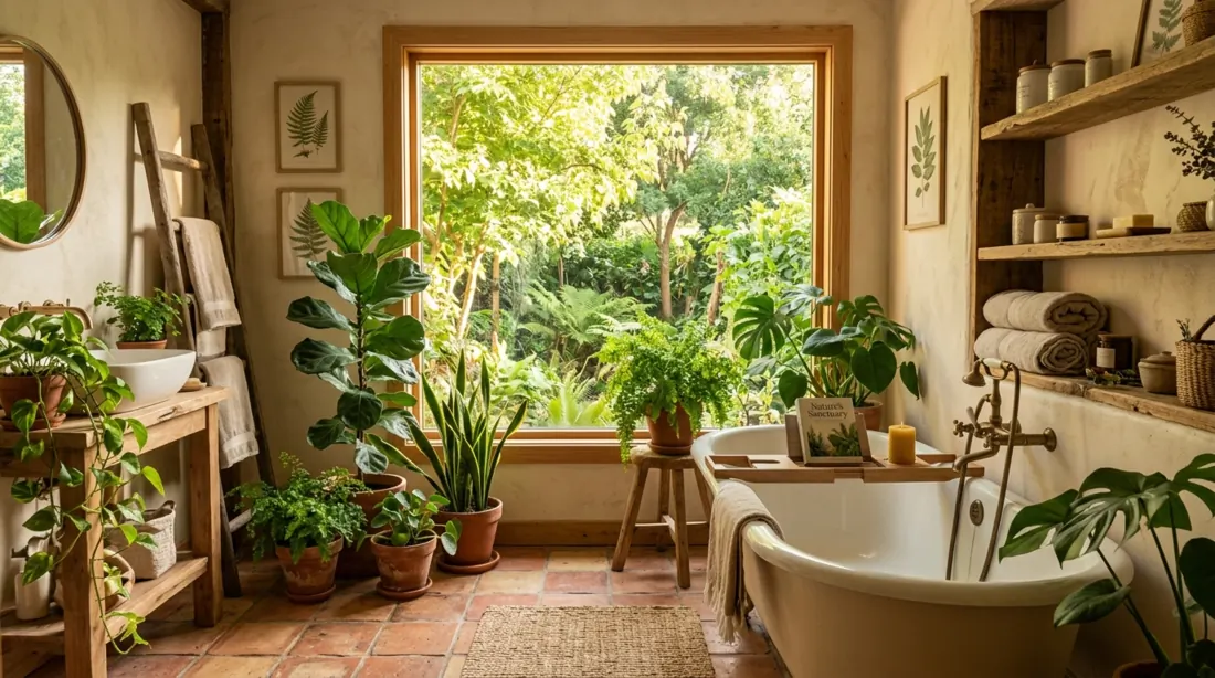Nature-inspired bathroom with terracotta floor tile, indoor plants, wood shelves, and golden sunlight.