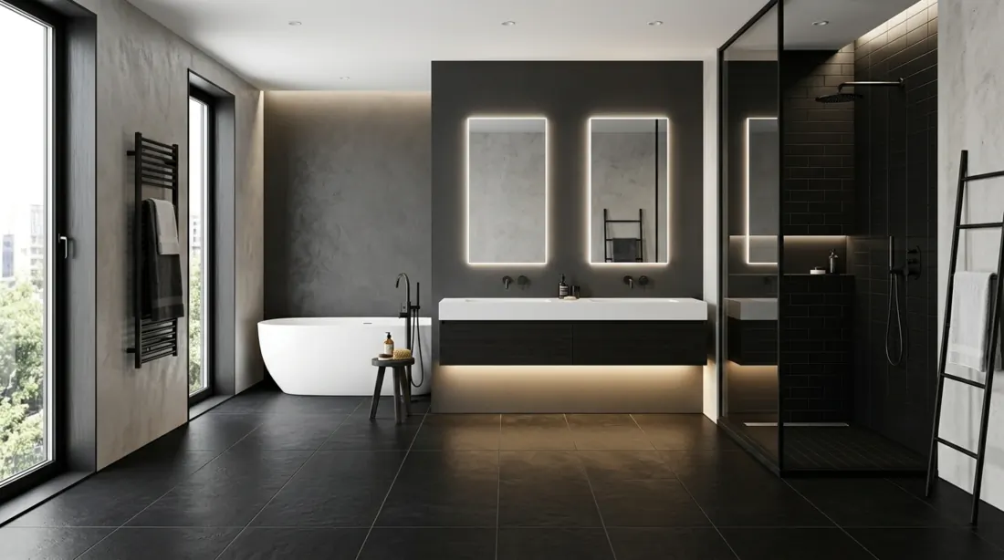 Contemporary bathroom with matte black floor tile, white tub, black fixtures, and hidden LED vanity lighting.