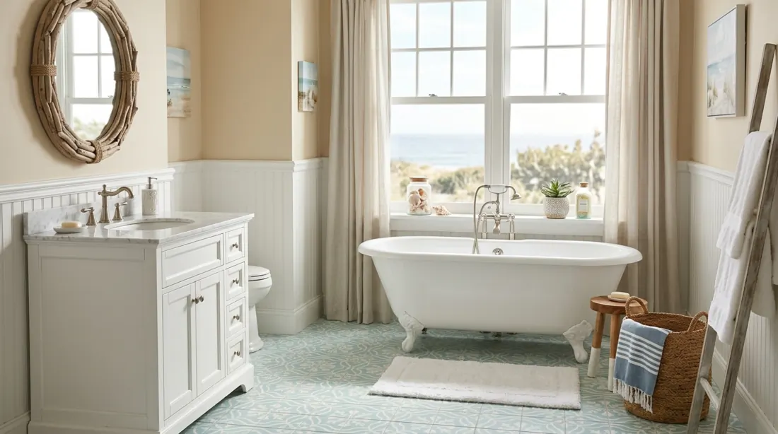 Coastal bathroom with aqua patterned floor tile, sandy walls, white fixtures, and airy daylight.