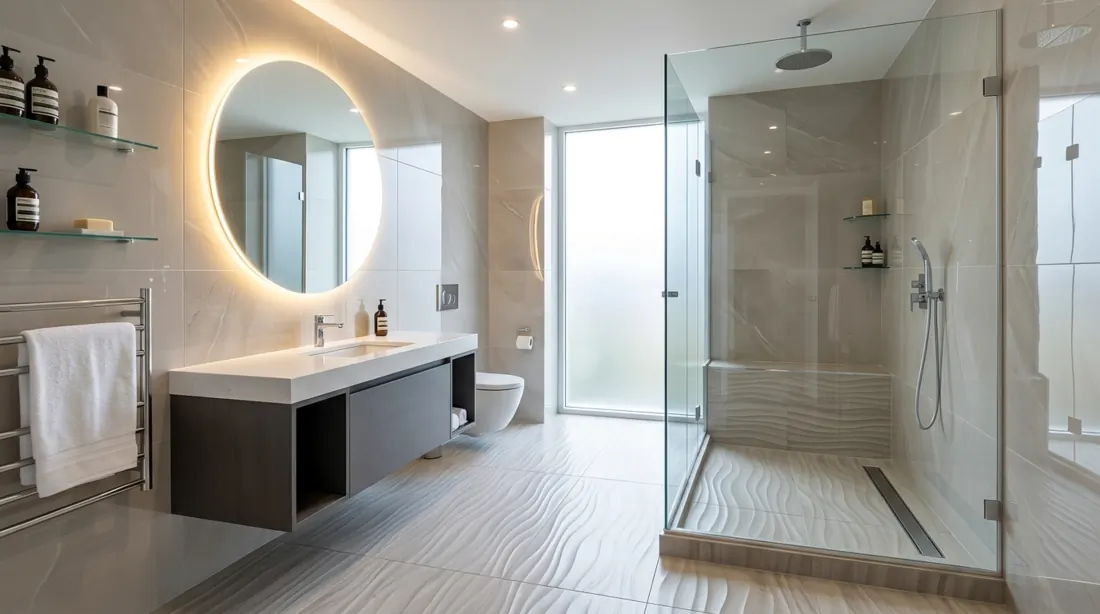 Ultra-modern bathroom with textured wave floor tiles, glass shower, floating vanity, and backlit mirror.
