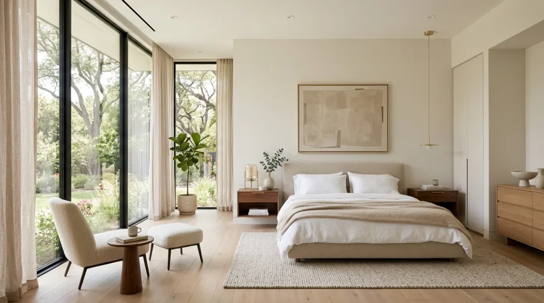 Modern beautiful bedroom with floor-to-ceiling windows, minimalist furniture, and beige tones.