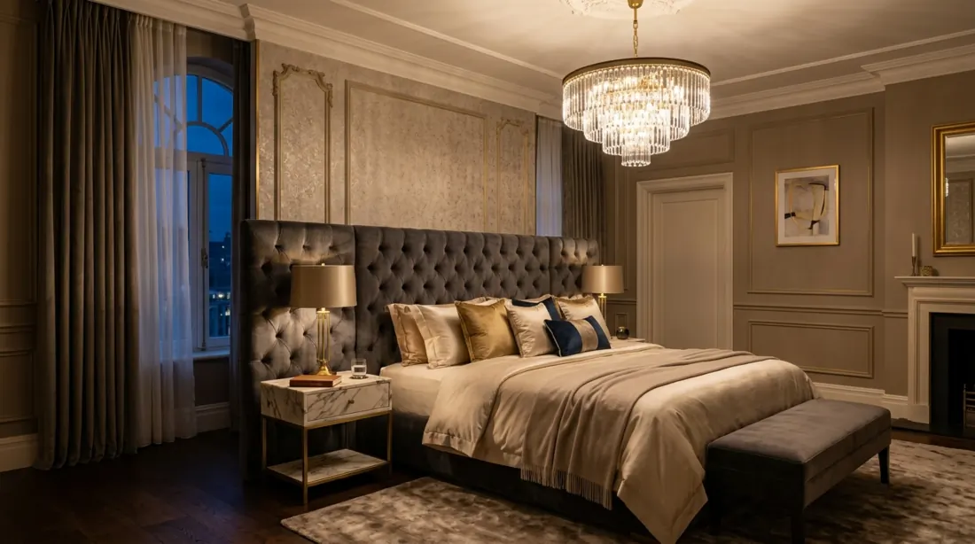 Luxury bedroom sanctuary with velvet headboard, marble nightstands, crystal chandelier, and ambient light.