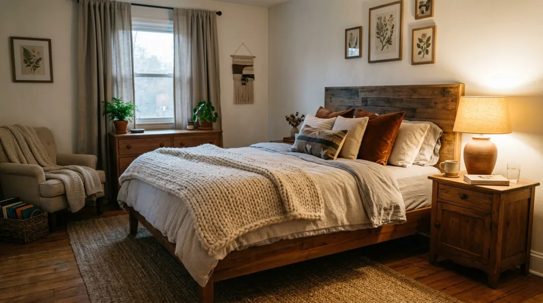 Cozy beautiful bedroom with layered textures, knit blankets, wooden furniture, and bedside lamp glow.