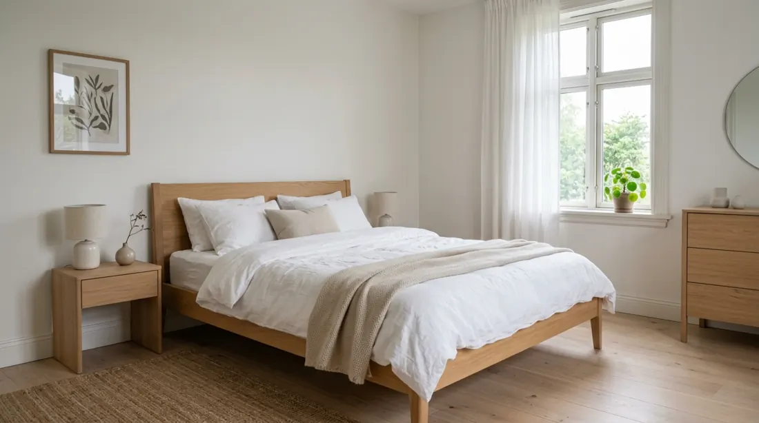 Scandinavian bedroom with light wood tones, white linens, and soft natural daylight.
