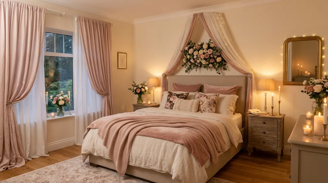 Romantic beautiful bedroom with blush accents, floral arrangements, draped curtains, and candlelit ambiance.