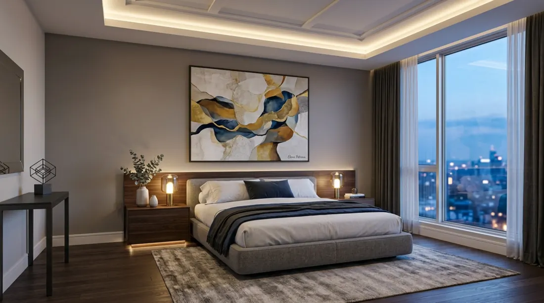 Contemporary bedroom with abstract wall art, sleek furniture, neutral palette, and LED lighting.