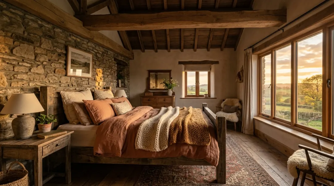 Rustic beautiful bedroom with exposed beams, stone accent wall, earthy textures, and sunset light.