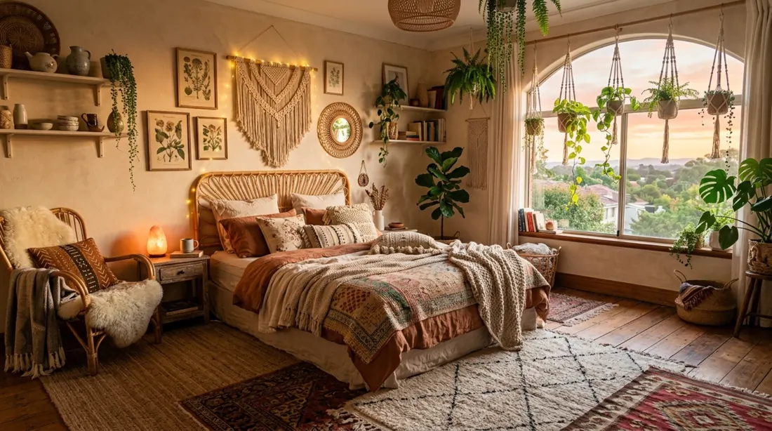 Bohemian bedroom sanctuary with layered rugs, rattan accents, hanging plants, and eclectic decor.
