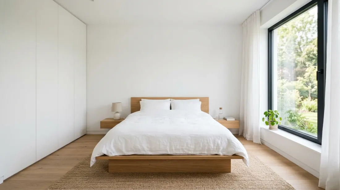 Minimalist beautiful bedroom with clean white walls, platform bed, hidden storage, and bright natural light.