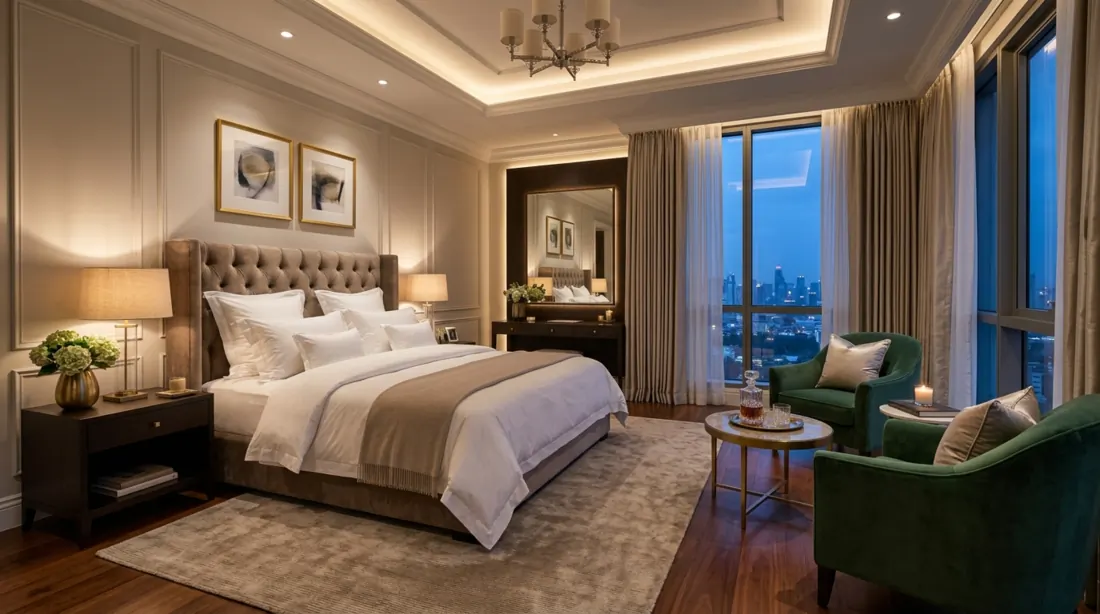 Luxury hotel-style bedroom with plush bedding, seating area, large windows, and ambient lighting.