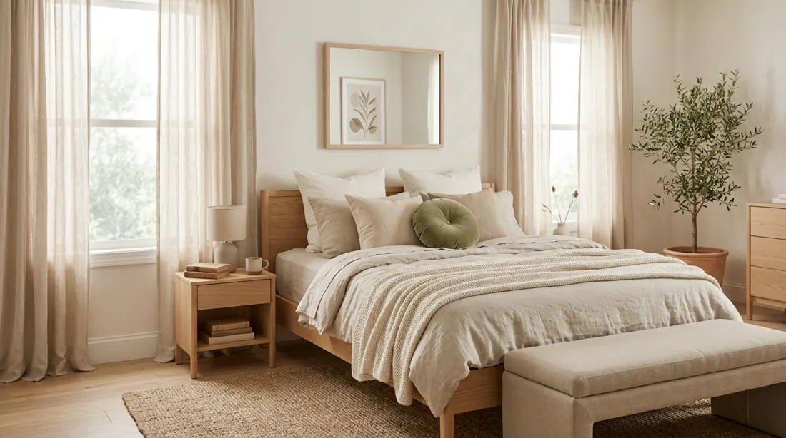 Serene bedroom sanctuary with neutral earth tones, flowing curtains, calming decor, and gentle morning light.